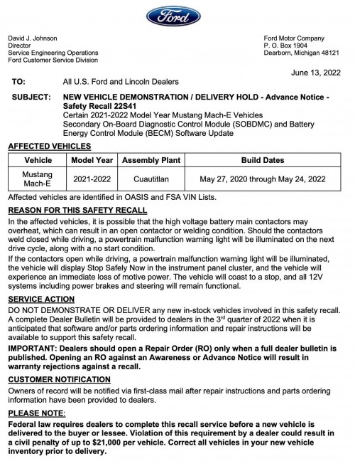 Ford's notice to dealers, source: Electrek