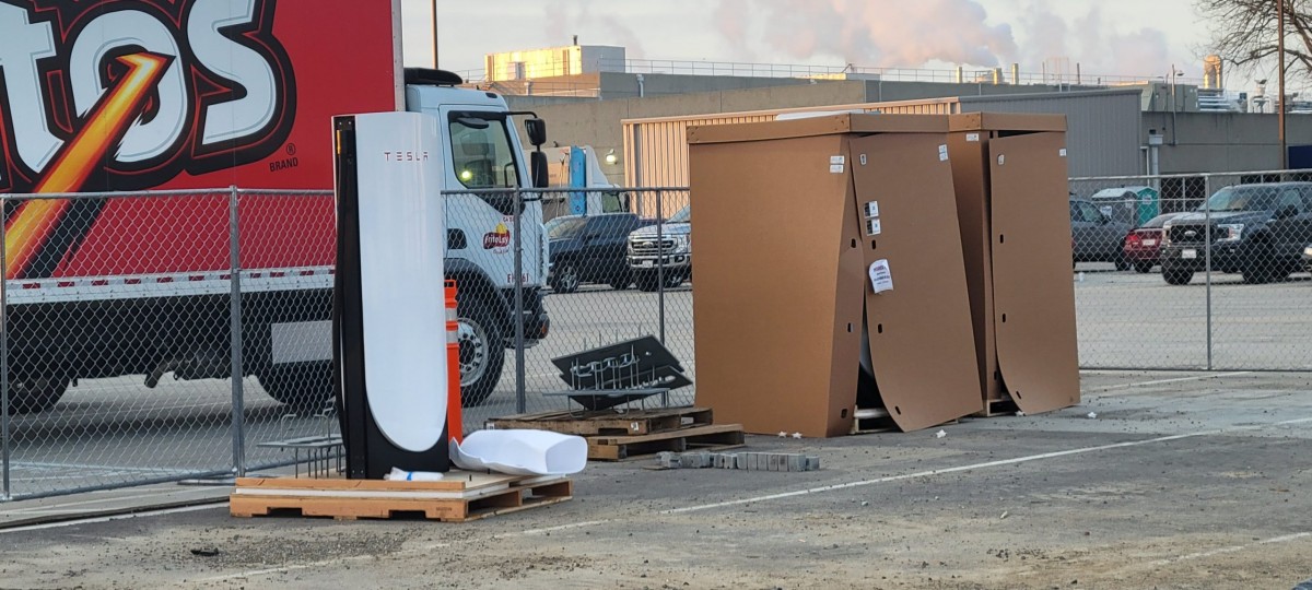 One of the first 750 kW Tesla chargers waiting to be installed