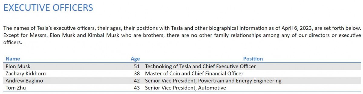 Tesla's official filing with Tom Zhu listed as Senior VP