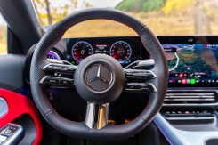 The steering wheel and driver's screen.