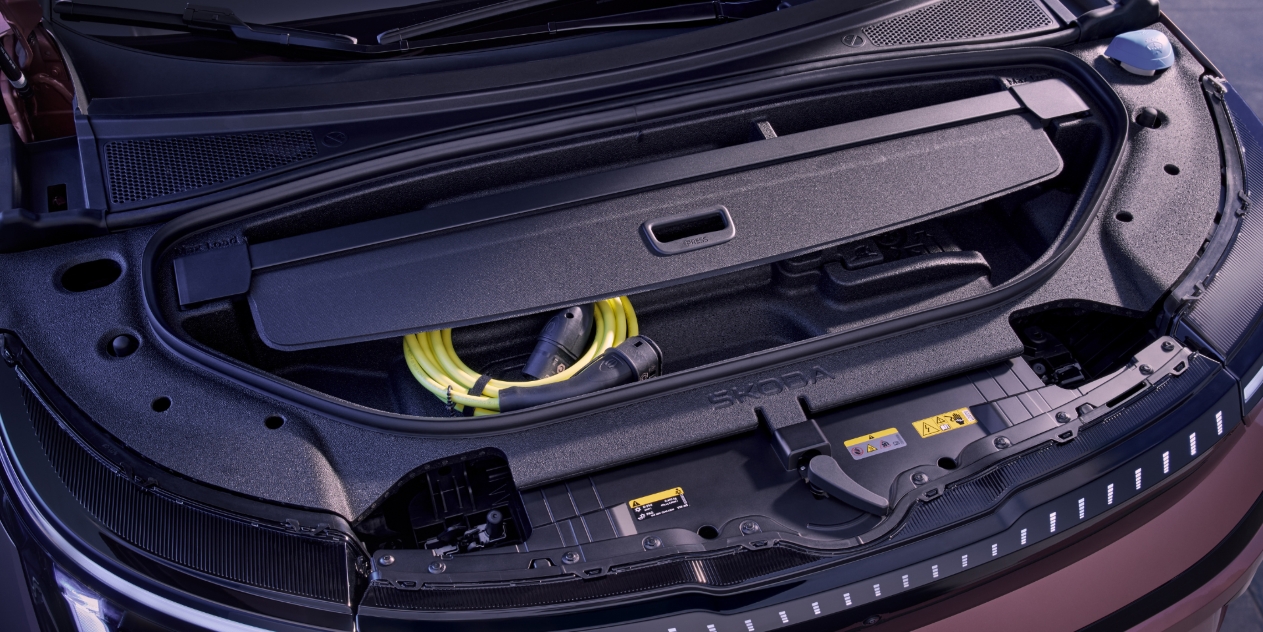 Skoda Peaq electric SUV front trunk frunk cable storage